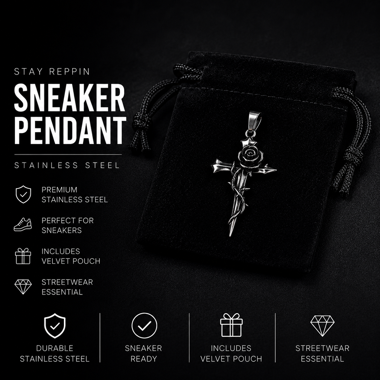 Stay Reppin Rose Cross Sneaker Pendant – Silver Stainless Steel
